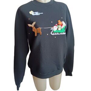 Women's Vintage Christmas Sweatshirt XL Jerzees Black reindeer Sleigh Santa USA